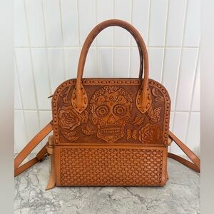Brown Embossed Leather Handbag by Alejandro Yeo